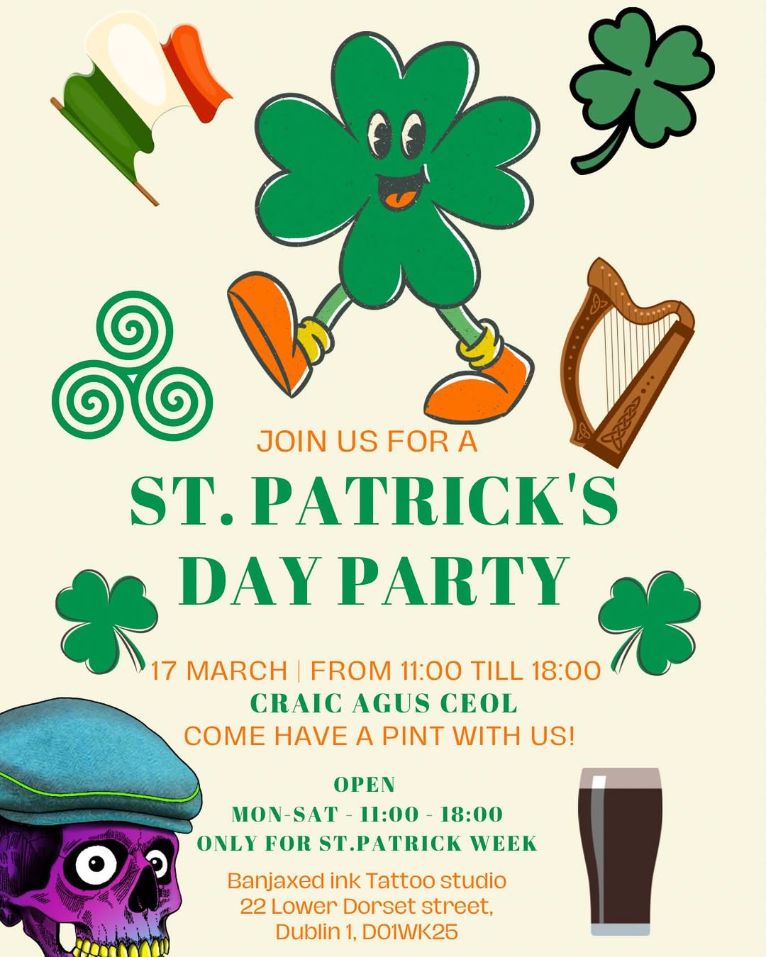 🍀 Happy St. Patrick’s Day from Banjaxed Ink! 🍀

We’re right on the route to the parade, so if you’re passing by, drop in and say hello. We’d love to see all our clients—new and old—for a pint of Guinness and a bit of craic this Paddy’s Day.

We’ll also be open all week, Monday to Saturday, to acco