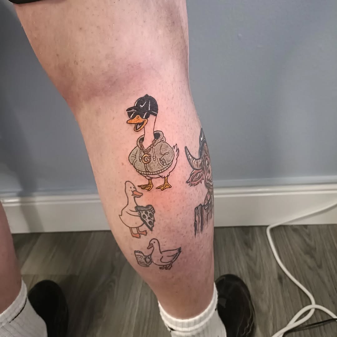 Look at this swaggy little guy thank you @galfey for this funky idea for a tattoo so fun hope to see you again soon This was a custom design for this client All inks used are products for @rawtattoosupplies #tattoo #ducktattoo #colourtattoo #customtattoo #funnytattoos