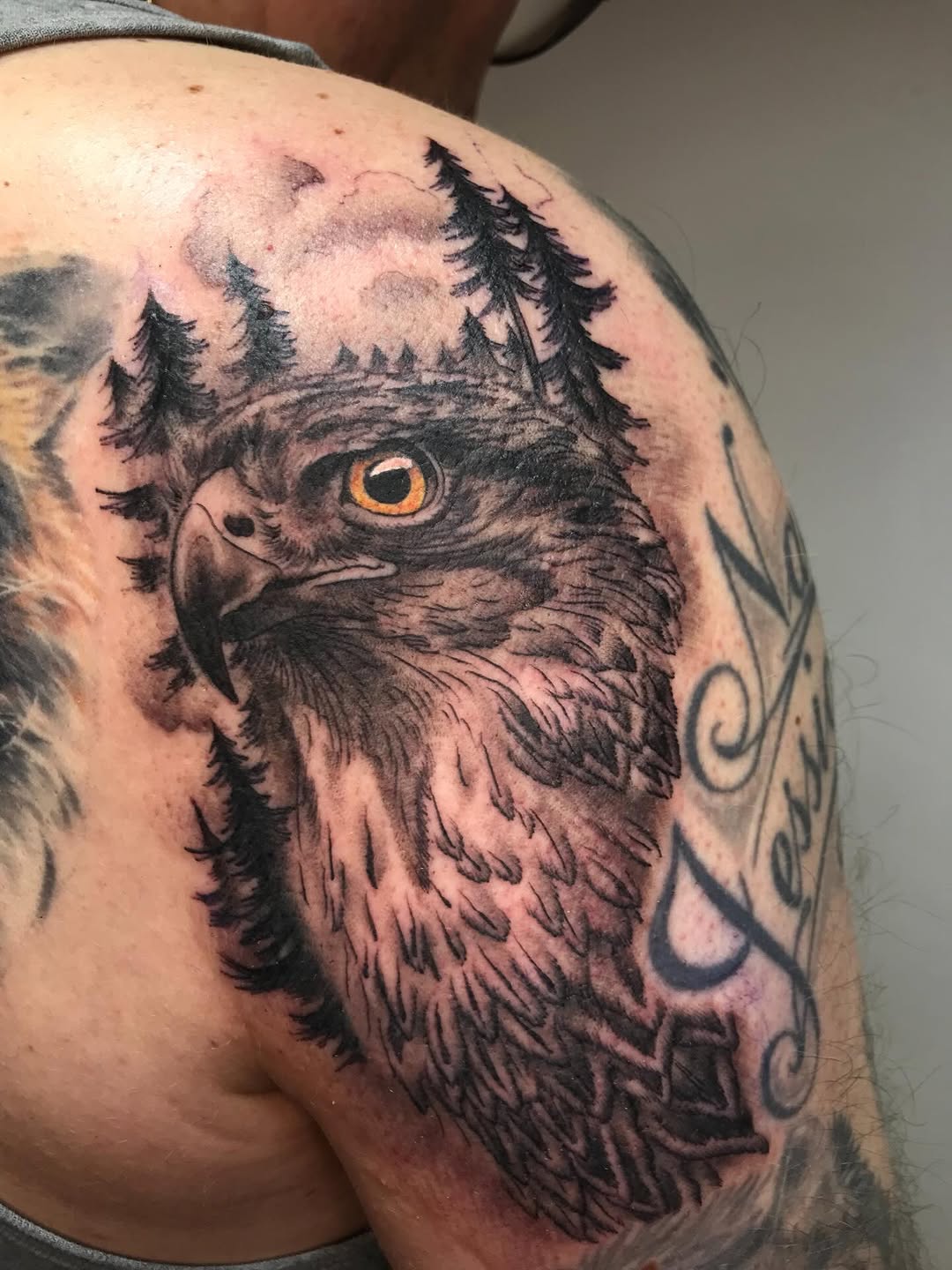 Falcon and Forest from some time ago! #galway #ireland #blackandgreytattoo #falcontattoo