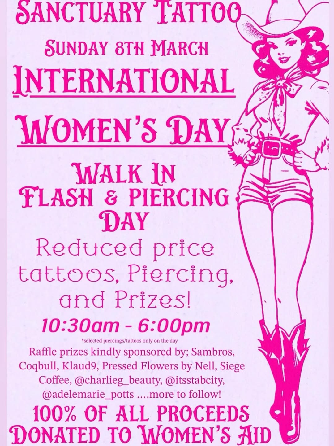 International Women’s Day charity fundraiser🧚🏻 We are organising a fun and fabulous flash day on Sunday the 8th of March to raise much needed funds for @womens.aid On the day, we will have cutesy and CHEAP tattoos and piercings, with 100% of the proceeds being donated to Women’s Aid. We will a