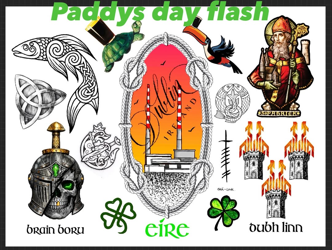 So heres some paddys day flash available till the end of the month will offer any of these pieces at a 20% discount if done or booked in by the end of the month so dont miss out. Dm for availability. #tattoodublin #dublintattoo #stpaddysday